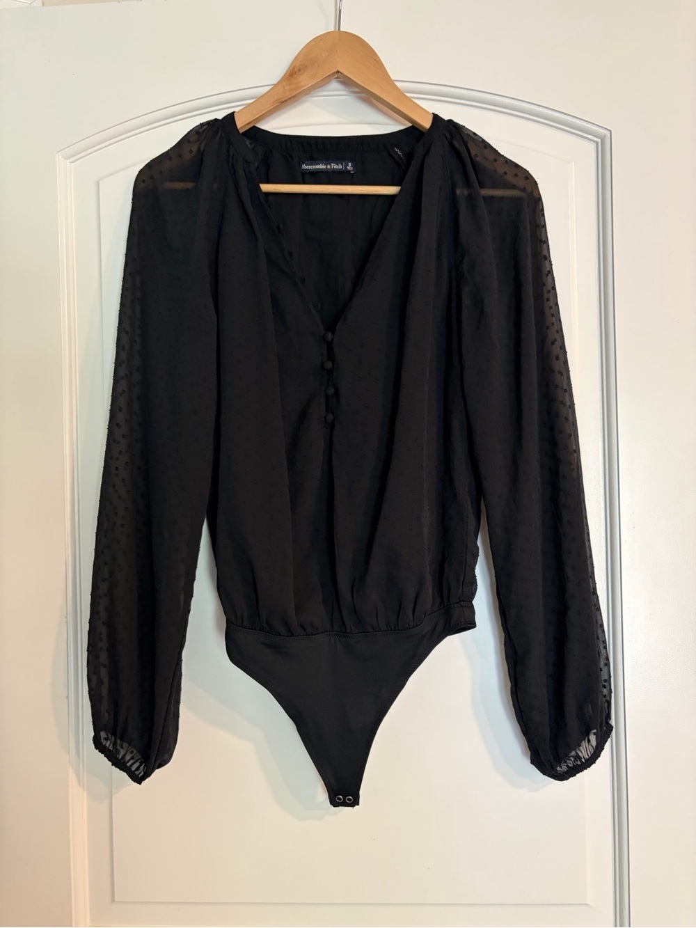 Abercrombie & Fitch Plisse Dot Black Bodysuit Sheer Long Sleeve S